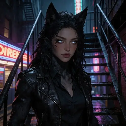 A neon-lit cat-eared Wollo character